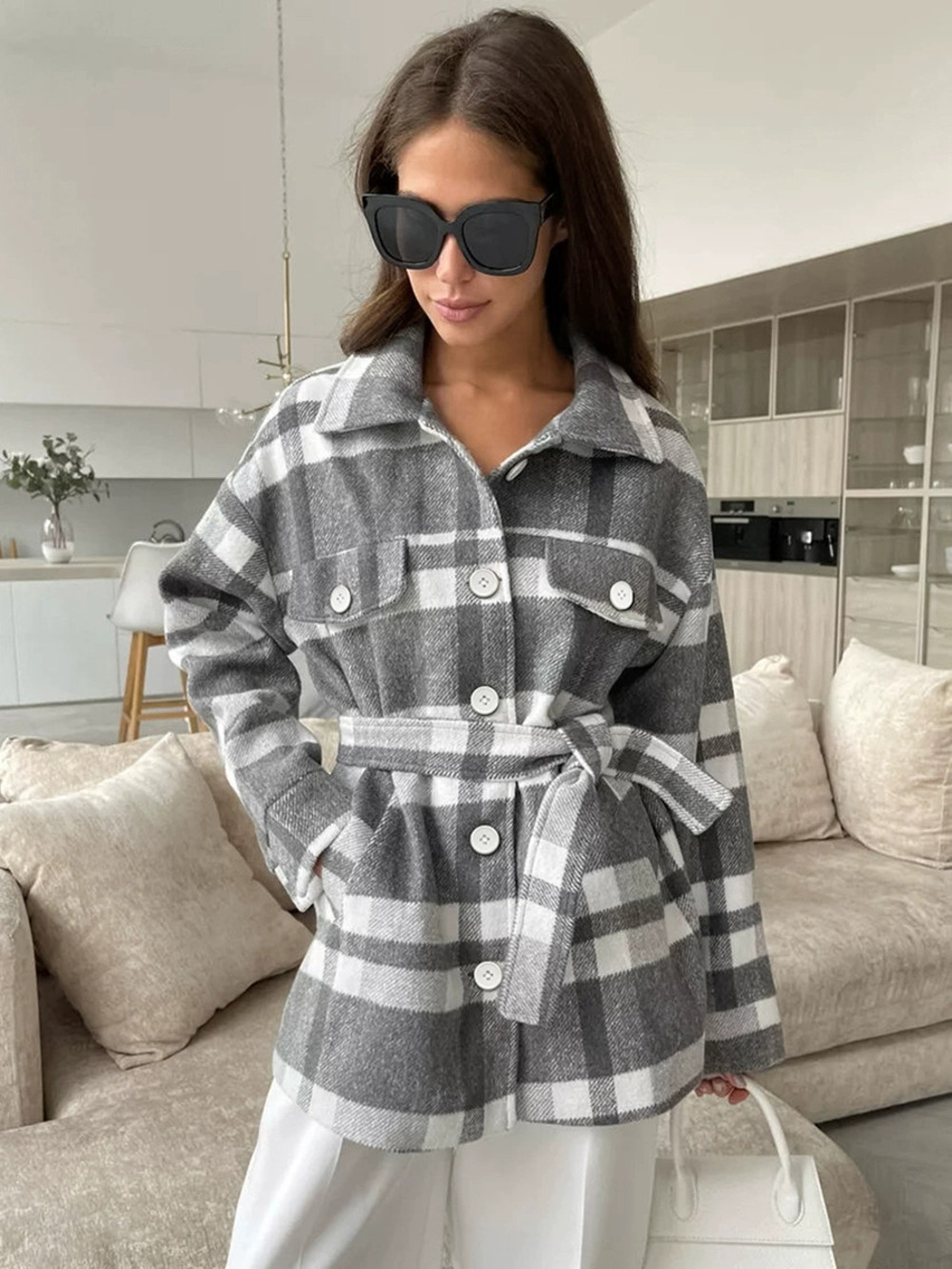 Forever 21 Fall Winter Plaid Wool Midi Coat Thick Belted Notch Lapel